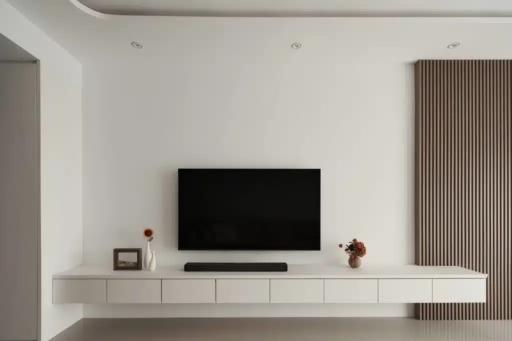 Minimalist condo interior design with white walls, eco-friendly solid wood panels, and wall-mounted TV stand for modern living.