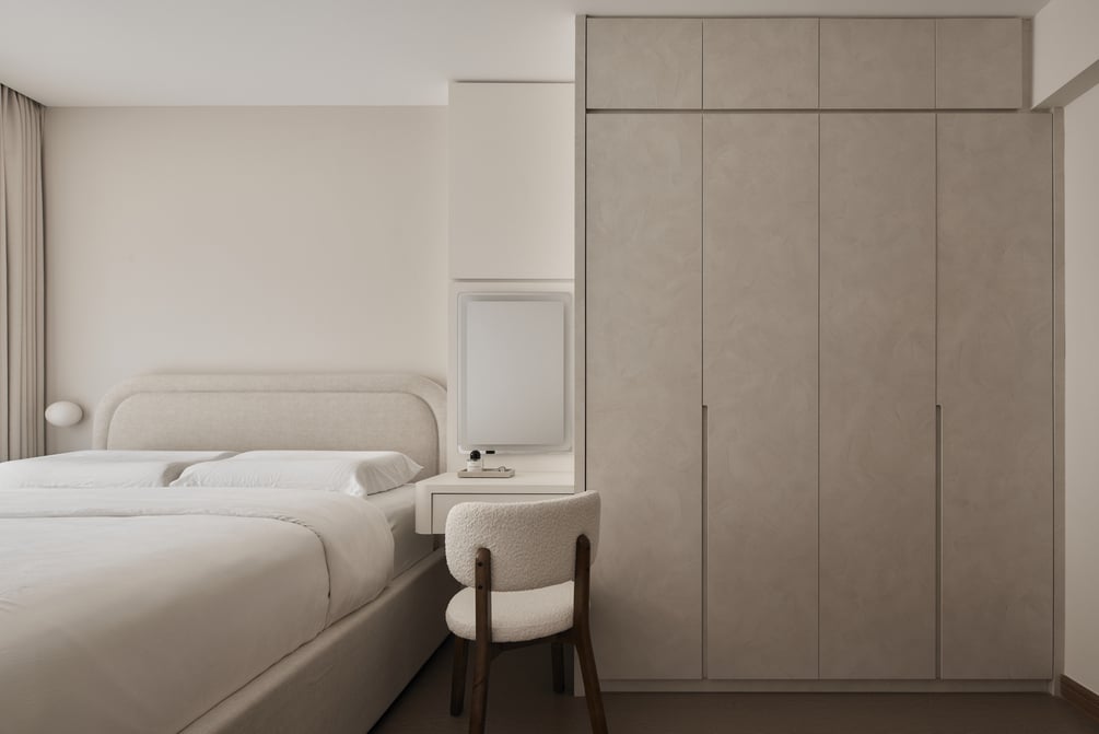 HDB bedroom interior design with cabinets and space-saving layout for functional storage and comfort living
