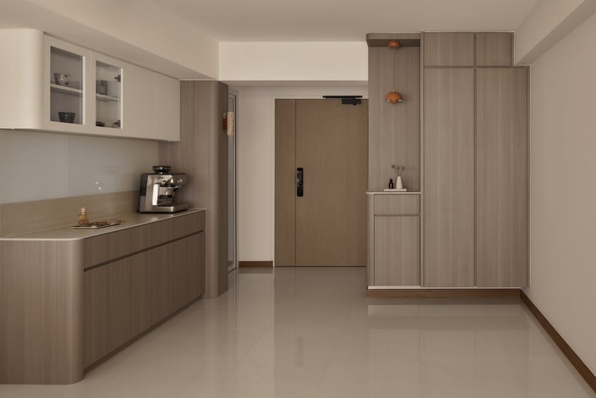 HDB interior design with open kitchen layout and connected living space for airy, functional home design