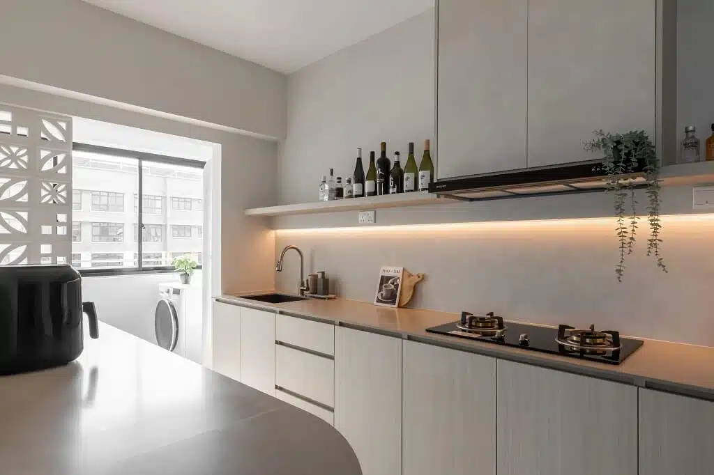 Scandinavian-inspired HDB and condo interiors kitchen LED lighting, modern cabinets, and functional minimalist design