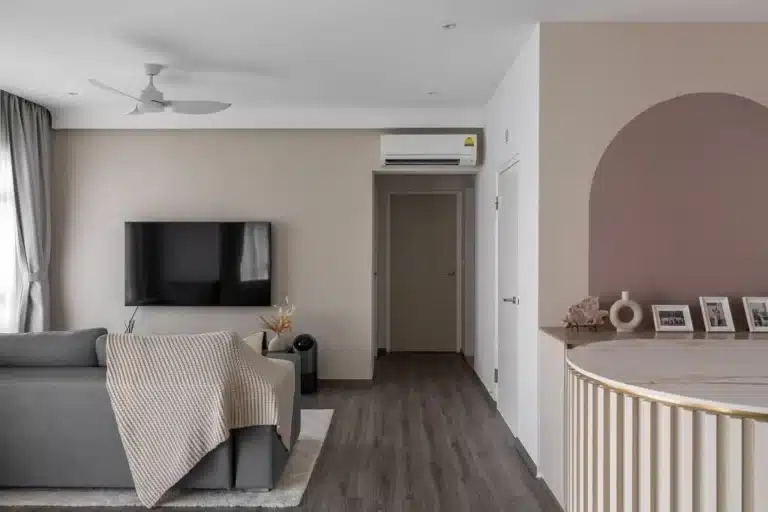 Scandinavian interior design with TV wall, minimalist style, functional spaces, and cozy modern living ambiance