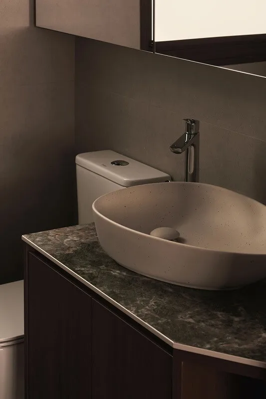 Modern luxury bathroom with handwash area, wash basin, and bidet featuring elegant finishes and contemporary design.