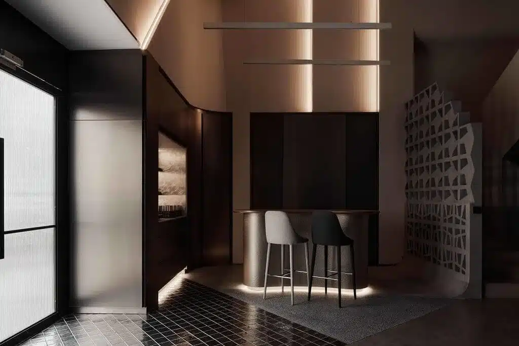 Black kitchen design with cabinets and open shelving, creating a sleek, modern, and functional cooking space.